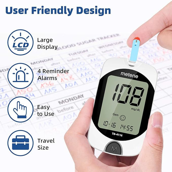 Metene TD-4116 Blood Glucose Monitor Kit, 100 Glucometer Strips, 100 Lancets, 1 Blood Sugar Monitor, Blood Sugar Test Kit with Control Solution, Lancing Device, No Coding, Large Display